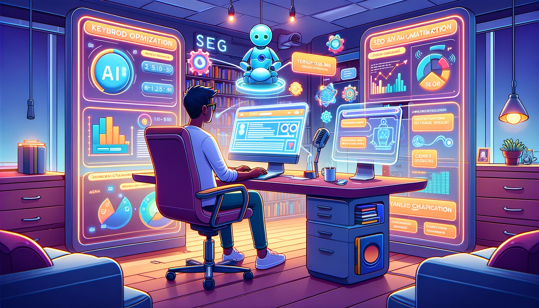 An imaginative depiction of a blogger leveraging futuristic AI automation tools for content optimization and analytics.