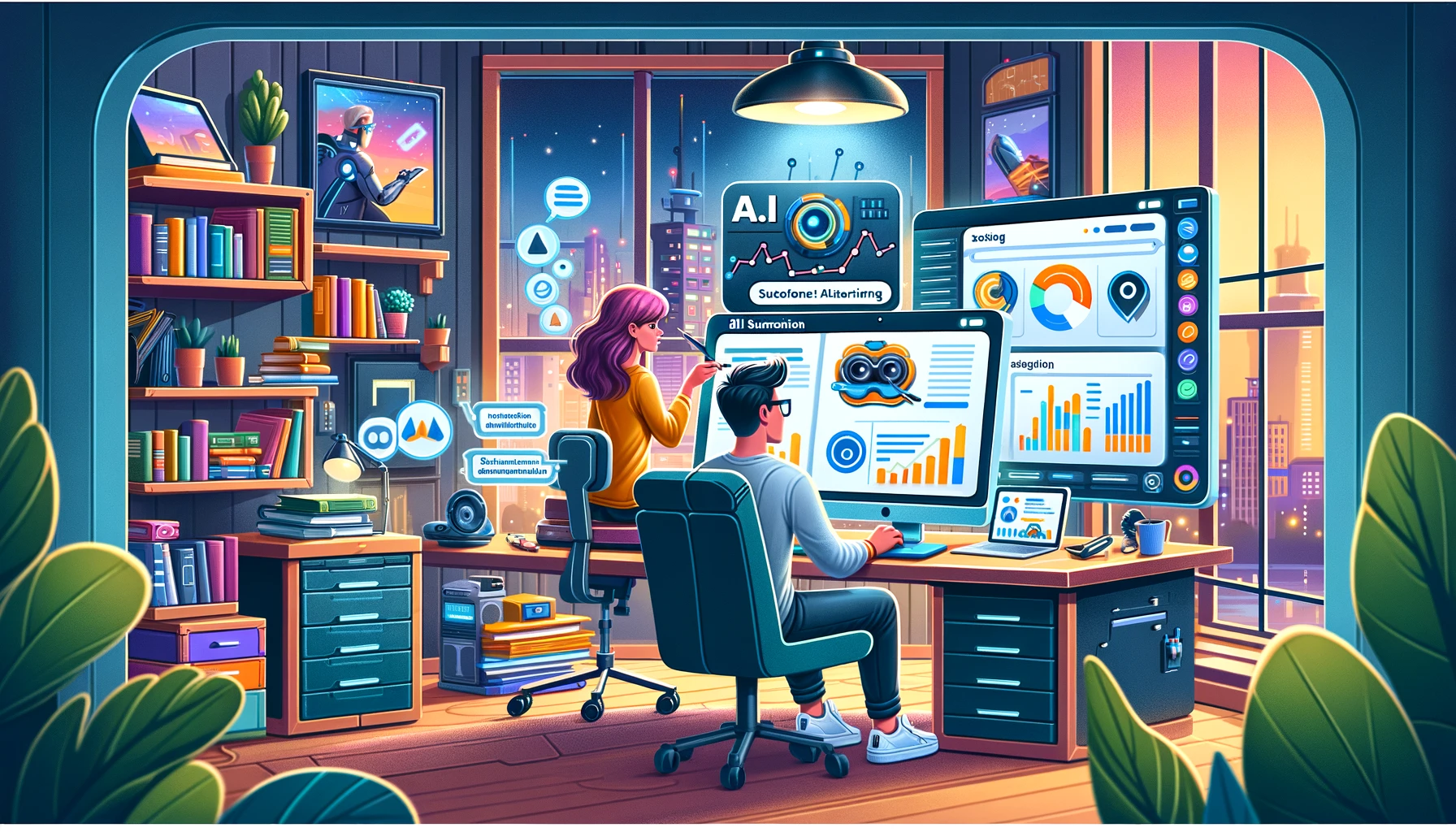 In a colorful, cartoon-style office, animated characters interact with AI technology to optimize blog content for SEO, with dynamic charts on a monitor and AI suggestions on a computer screen.