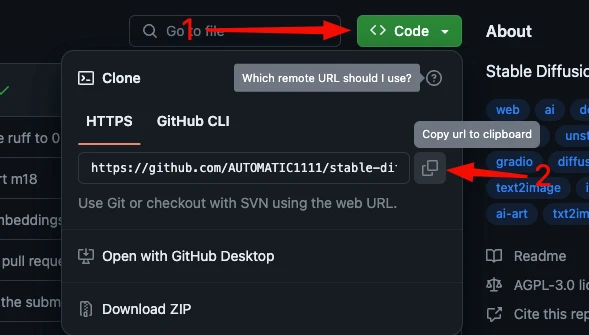 GitHub Screen and a command to install A1111