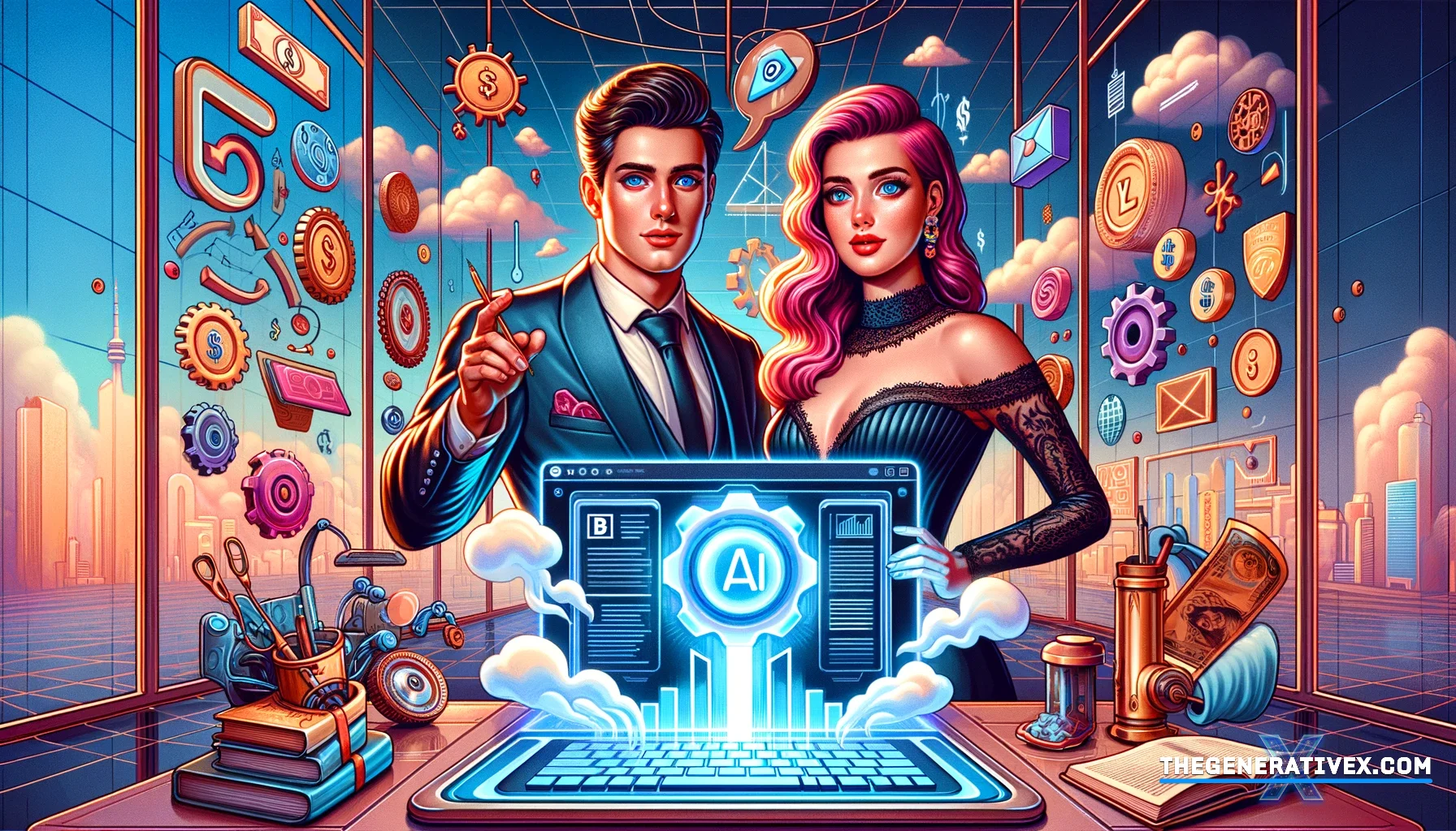 Cartoon illustration of a man and woman using AI for blogging, surrounded by industry symbols like gears, graphs, and books, depicting the economic impact of AI in content creation.