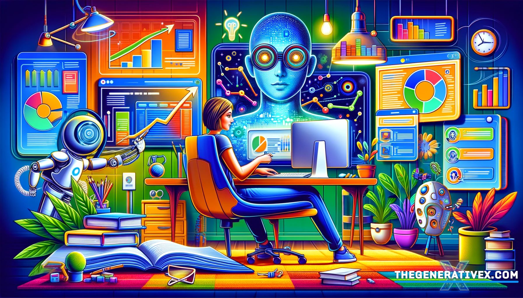 Cartoonish image of a digital marketer using AI tools for SEO and organic traffic enhancement, surrounded by technology and SEO strategy elements.