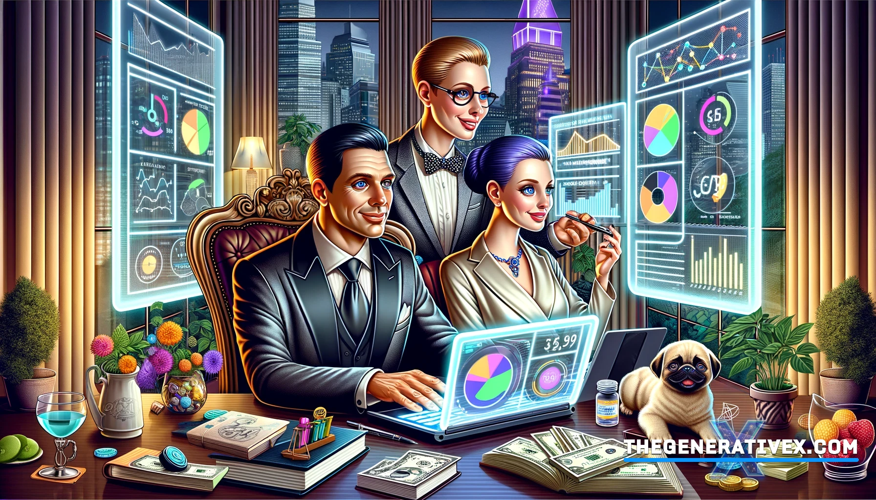 Cartoon illustration of an elegant man and an attractive woman in a modern office, examining SEO analytics on a futuristic laptop and a large screen, surrounded by books, dollars, and a puppy, with a cityscape view.