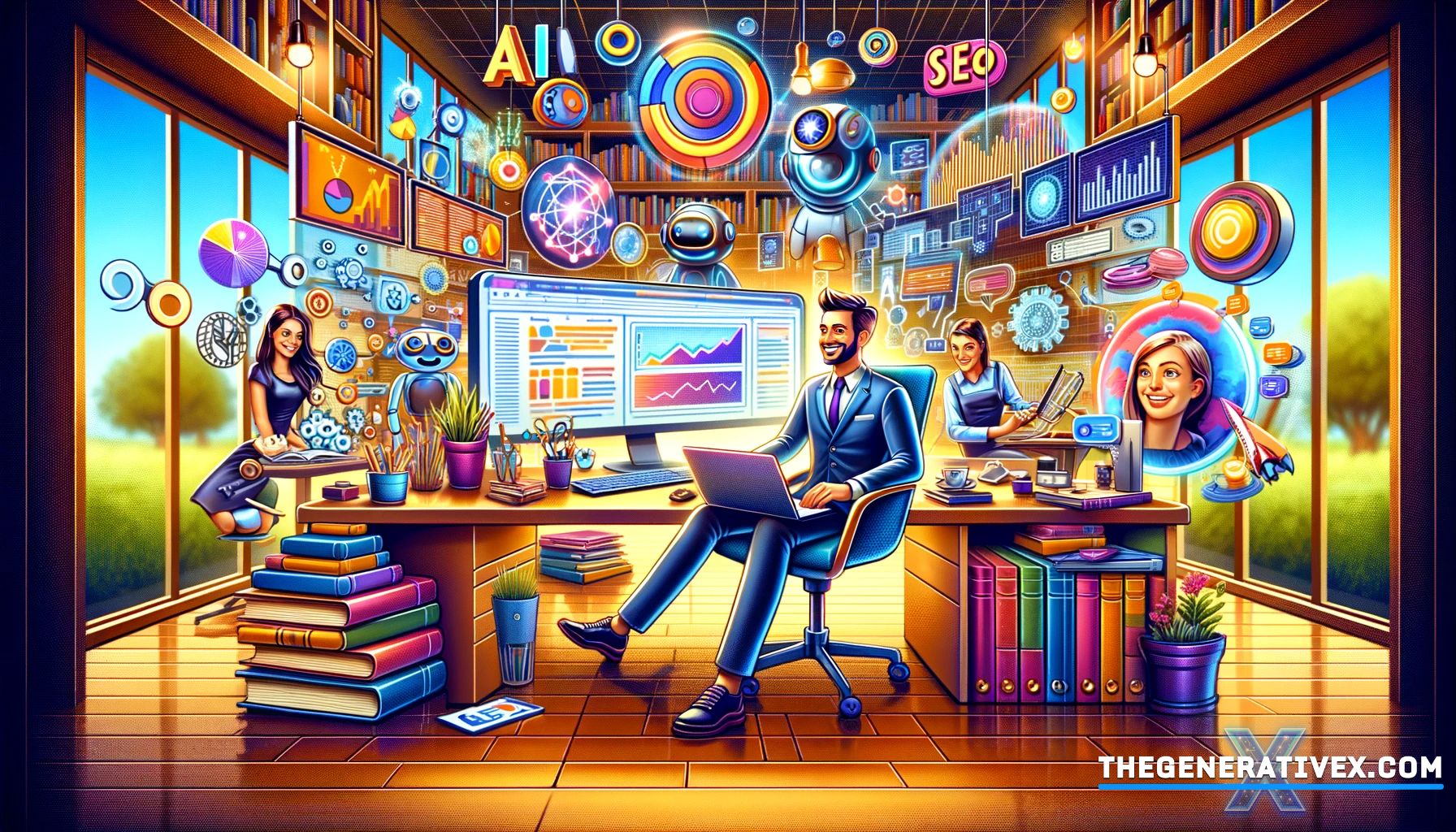 Cartoon illustration of an SEO expert in a colorful, high-tech office, surrounded by characters analyzing data, optimizing meta tags, and structuring content, showcasing AI's influence in SEO.